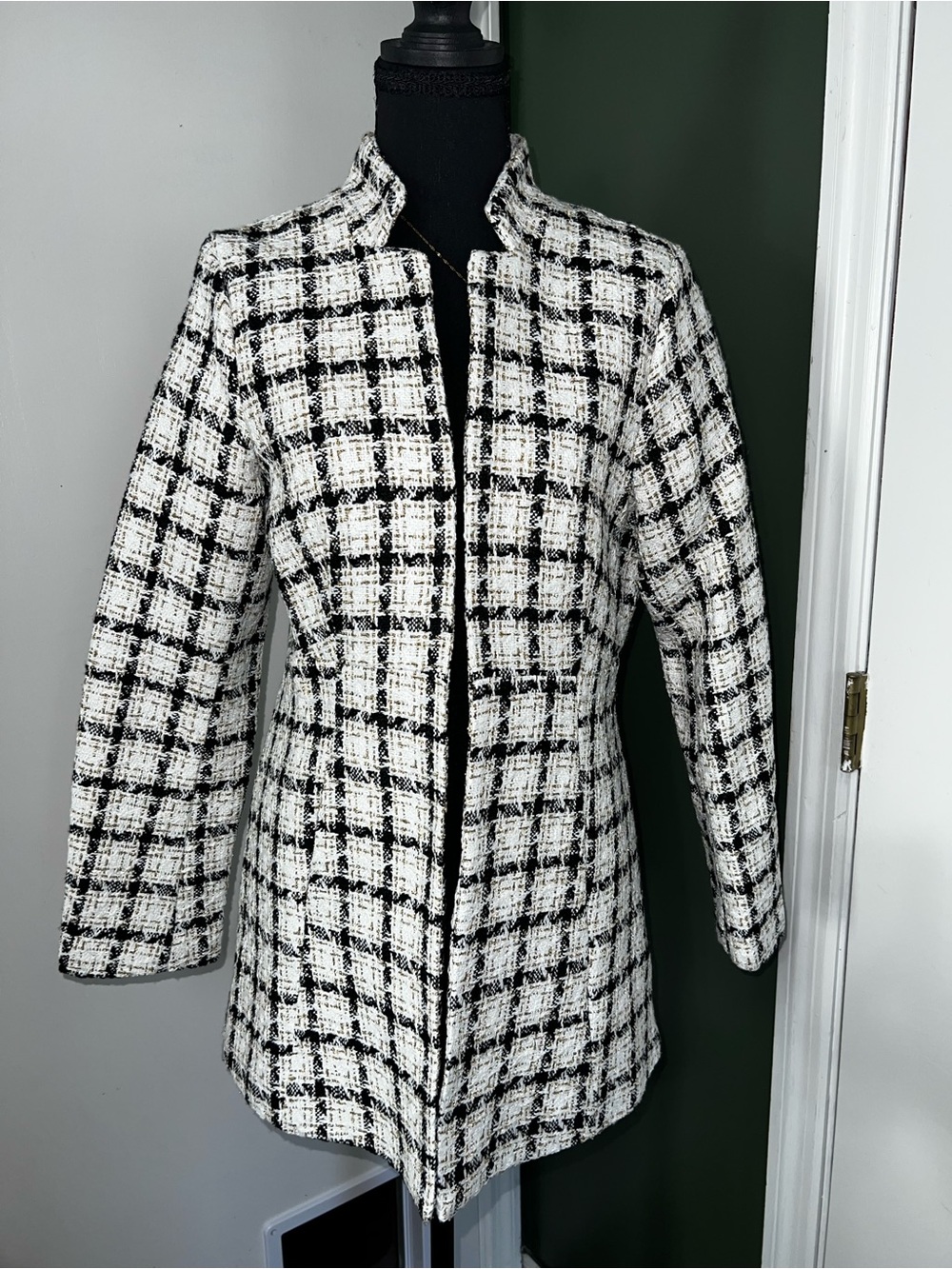 Womens Black & White Tweed Long Blazer